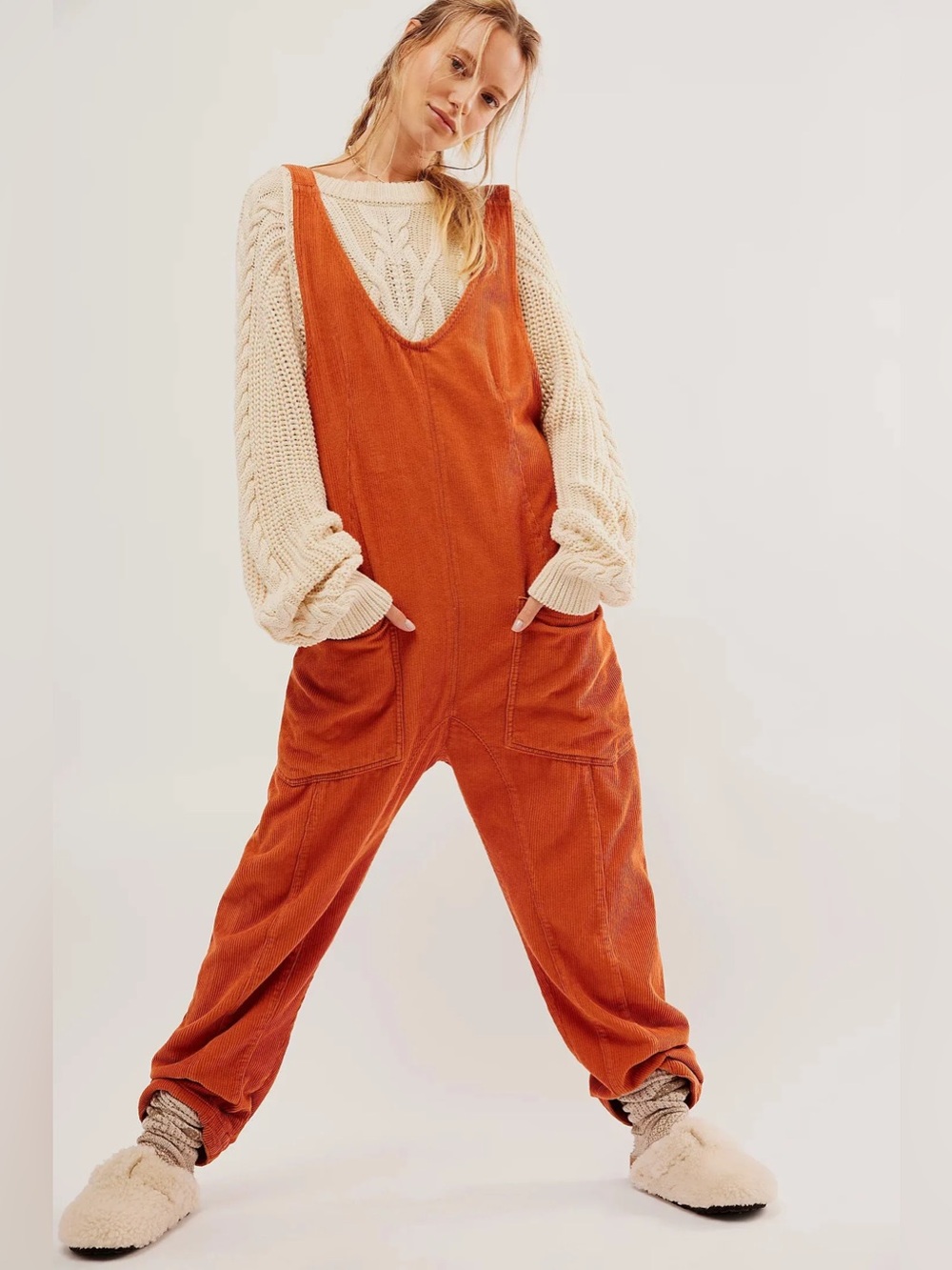 Free People We The Free High Roller Cord Jumpsuit Size Large in Sunburn Orange